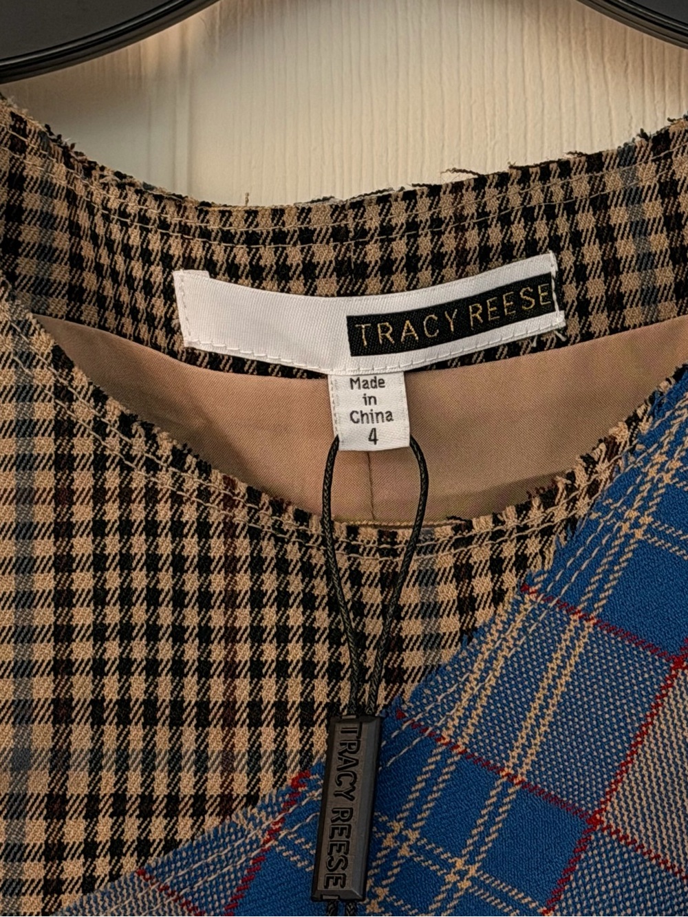 Tracy Reese One-Shoulder Blue and Brown Plaid Patchwork Dress - Picture 2 of 5